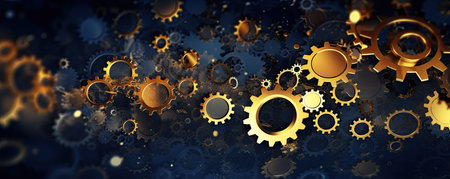 Panorama of Abstract background with interconnected gears and technological elements, representing innovation and synergy in the world of businessの素材