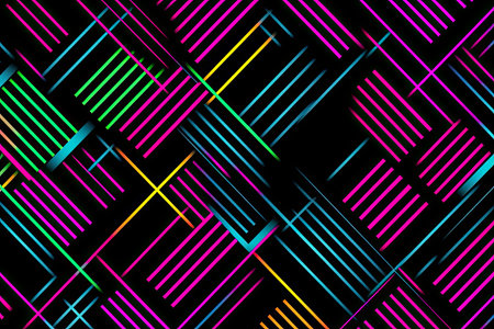 80s-inspired neon grid pattern with a black background and pops of bright pink, blue, and greenの素材