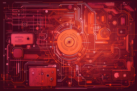 Abstract circuitry design in shades of orange and pink with a retro-futuristic vibeの素材