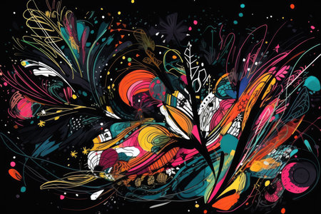 Abstract doodles and squiggles in vibrant colors on a black background, resembling an explosion of creativityの素材