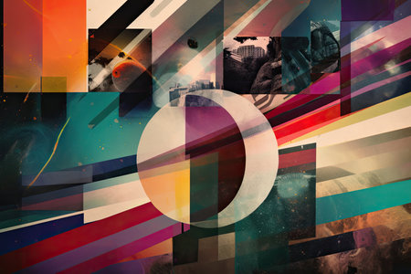 Artistic photo collage with vintage filmstrips, polaroids, and colorful abstract shapesの素材
