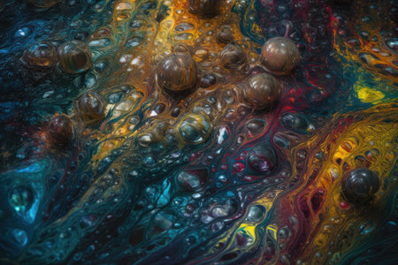 Artistic interpretation of an oil spill in a river, with colorful and chaotic swirls of oil mixing with the natural flow of the waterの素材