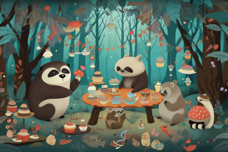 Adorable wallpaper design of whimsical animals such as sloths, pandas, and foxes having a tea party in a cozy and colorful forest clearingの素材