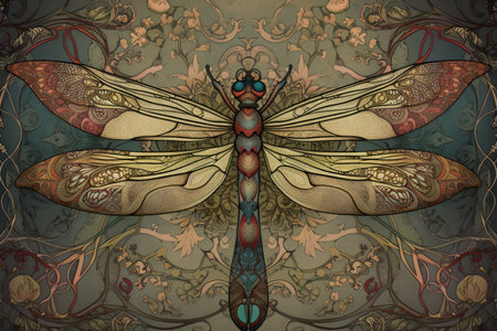 Art nouveau dragonfly design with watercolor-like textures and earthy colorsの素材
