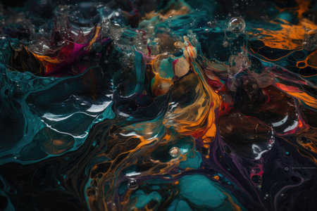 Artistic interpretation of an oil spill in a river, with colorful and chaotic swirls of oil mixing with the natural flow of the waterの素材