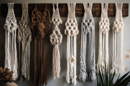 Bohemian-inspired macrame wall hanging with intricate knots and tasselsの素材