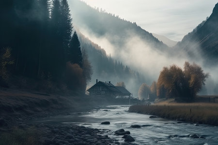 Beautiful misty mountain landscape with a peaceful river flowing and smoke rising from a distant cabinの素材