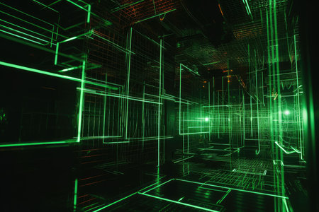 Close-up of a futuristic grid with neon green lights and intricate details creating a mesmerizing visual experienceの素材