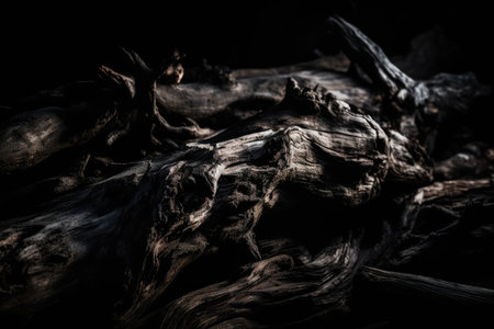 Dark and moody background of splintered wood with dramatic lighting and deep shadowsの素材