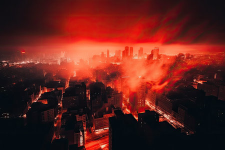 Fiery red and orange light leaks into a dark and dramatic cityscapeの素材