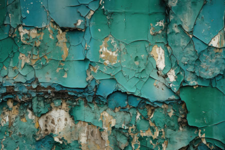 Cracked and peeling paint in shades of blue and green, creating a distressed and artistic wallpaperの素材