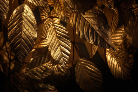 Embossed golden leaves with intricate details shining under dim lightの素材