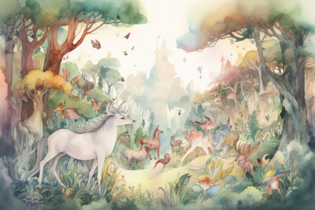 Dreamy watercolor illustration of a forest glade, featuring mystical creatures such as fairies, unicorns, and talking animalsの素材