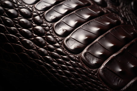 Dark brown leather texture with embossed crocodile pattern and glossy finishの素材