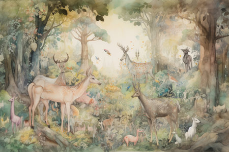 Dreamy watercolor illustration of a forest glade, featuring mystical creatures such as fairies, unicorns, and talking animalsの素材