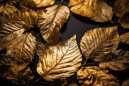 Embossed golden leaves with intricate details shining under dim lightの素材