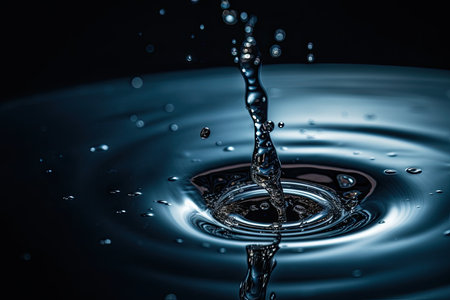 close-up image of a single water droplet splashing into a pool of water with ripples and bubblesの素材