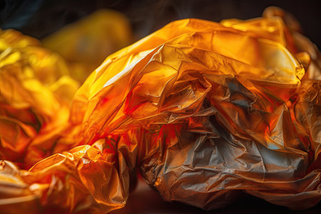 close-up image of a crumpled plastic bag, with intricate wrinkles and folds in shades of orange and yellow, resembling a fiery sunsetの素材