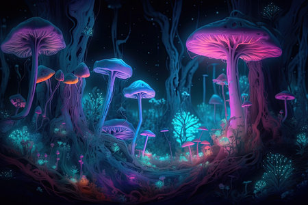 ethereal and mystical psychedelic forest with glowing neon mushrooms, flowers, and trees that emit a surreal and dreamlike glowの素材