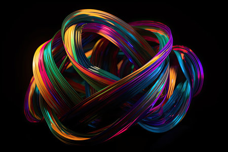 Glowing ribbon strands intertwined in a colorful, abstract pattern against a dark backgroundの素材