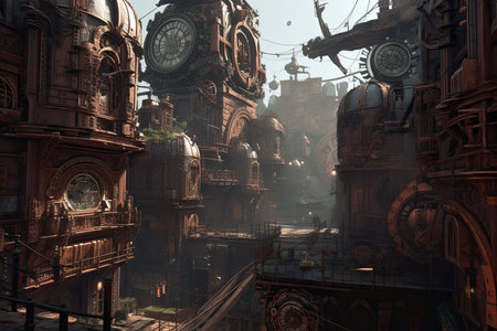 Futuristic steampunk city with towering clock towers and intricate gears against a dark, industrial backdropの素材