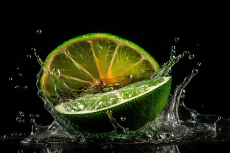 High-speed photograph of a green lime being sliced in mid-air with water droplets splashing all around itの素材