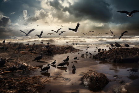 Realistic rendering of an oil spill in the ocean, with birds and marine life struggling in the foreground and ominous dark clouds on the horizonの素材