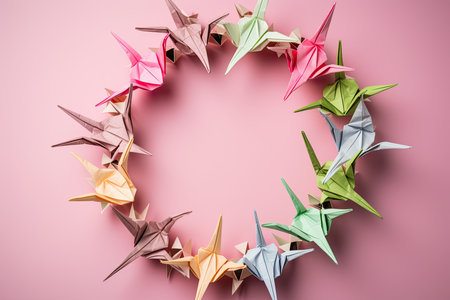 Origami cranes in different shades of pink, arranged in a circular pattern on a pastel-colored backgroundの素材