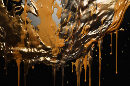 mesmerizing wallpaper of metallic paint drips, resembling liquid metal pouring down the screen in shades of gold, silver, and copperの素材