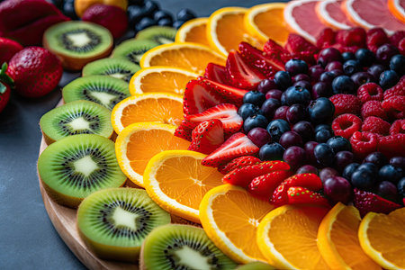 Slices of colorful tropical fruits arranged in a circular pattern with a blurred backgroundの素材
