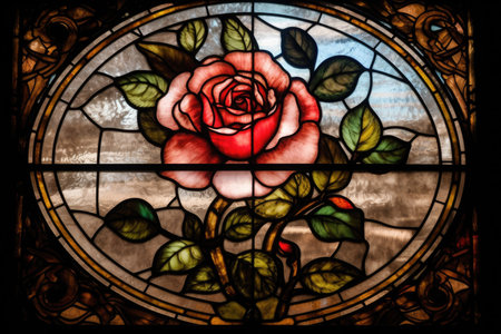 Stained glass window depicting a stunning rose design, with delicate petals and intricate detailsの素材