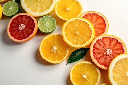 Slices of vibrant and fresh citrus fruits placed randomly on a white backgroundの素材