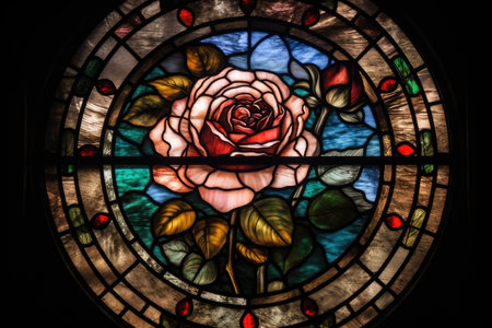 Stained glass window depicting a stunning rose design, with delicate petals and intricate detailsの素材