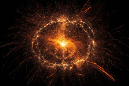 striking image of electric sparks emanating from a central source and spreading out in a circular patternの素材