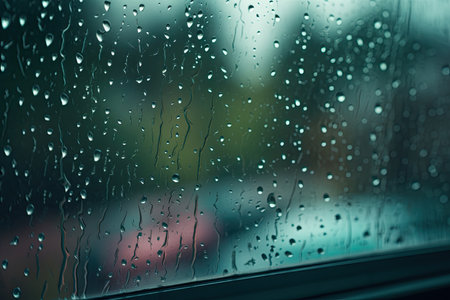 Water droplets on a window pane during a rainy dayの素材