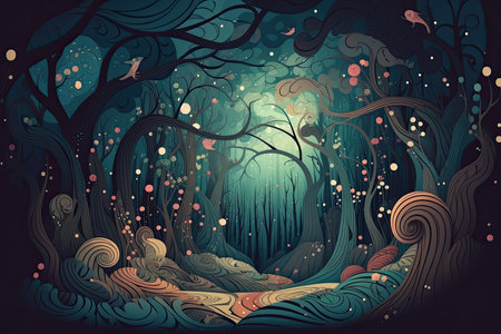 Whimsical Swirls and Curves in a Fantasy Forestの素材