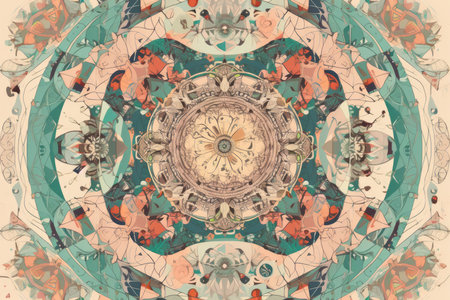 Whimsical kaleidoscope mandala designs in pastel shades with intricate details and playful shapesの素材