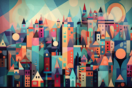 whimsical cubist interpretation of a city skyline, with colorful shapes and angles creating a playful and lively wallpaper designの素材