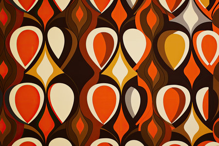 Vintage wallpaper with a bold orange and brown abstract pattern inspired by 60s mod fashionの素材