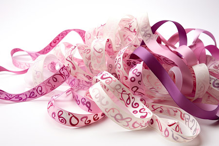 Whimsical ribbon patterns in shades of pink and purple on a white backgroundの素材