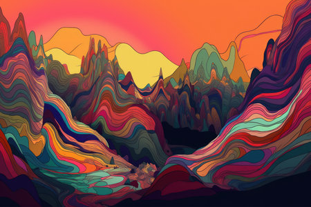 Wavy lines in a psychedelic landscape with surreal shapes and colorsの素材
