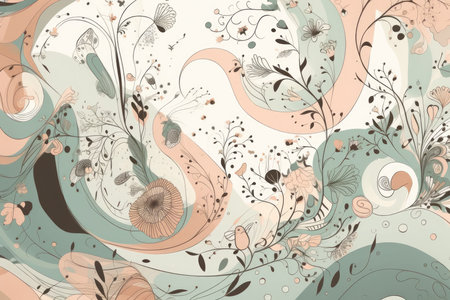 Whimsical wallpaper with playful sinuous curves in pastel colors and cute illustrationsの素材