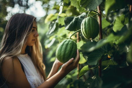 Beautiful woman standing in front of a Chayote plant in a vegetable garden, holding a freshly picked Chayote fruit in her handの素材