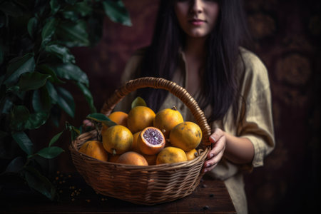 Charming portrait of a woman holding a basket of freshly picked passion fruits with a warm smile on her face and a rustic wooden backgroundの素材