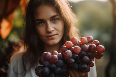 Close-up portrait of a woman holding a bunch of grapes with a vineyard in the backgroundの素材