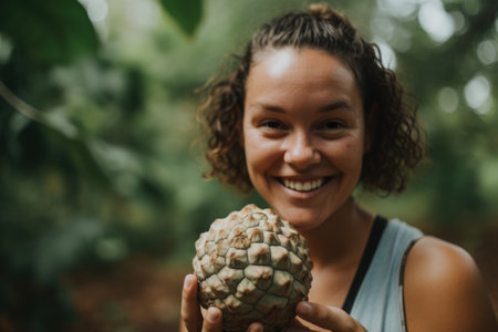 Joyful woman with a custard apple in hand, smiling at the camera with a blurred tropical landscape in the backgroundの素材