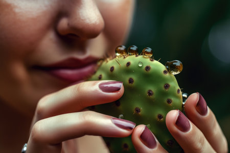 Close-up portrait of a woman holding a slice of fresh cactus fruit with drops of juice running down her fingersの素材