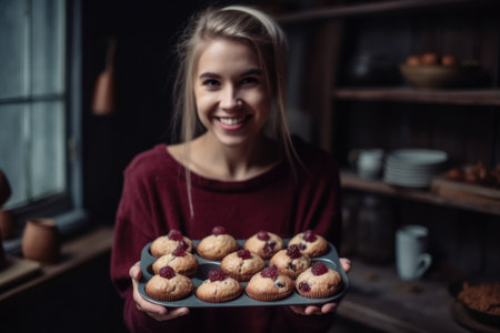 Joyful portrait of a woman holding a tray of freshly baked cranberry muffins in a cozy and inviting kitchenの素材