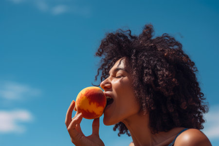 Playful woman biting into a juicy nectarine fruit, with her hair flying in the wind and a bright blue sky in the backgroundの素材