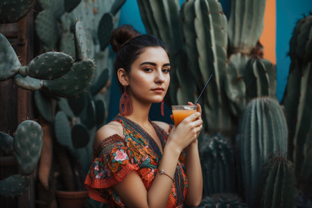 Portrait of a woman posing with a cactus fruit margarita in hand, against a colorful backdrop of cactus plantsの素材